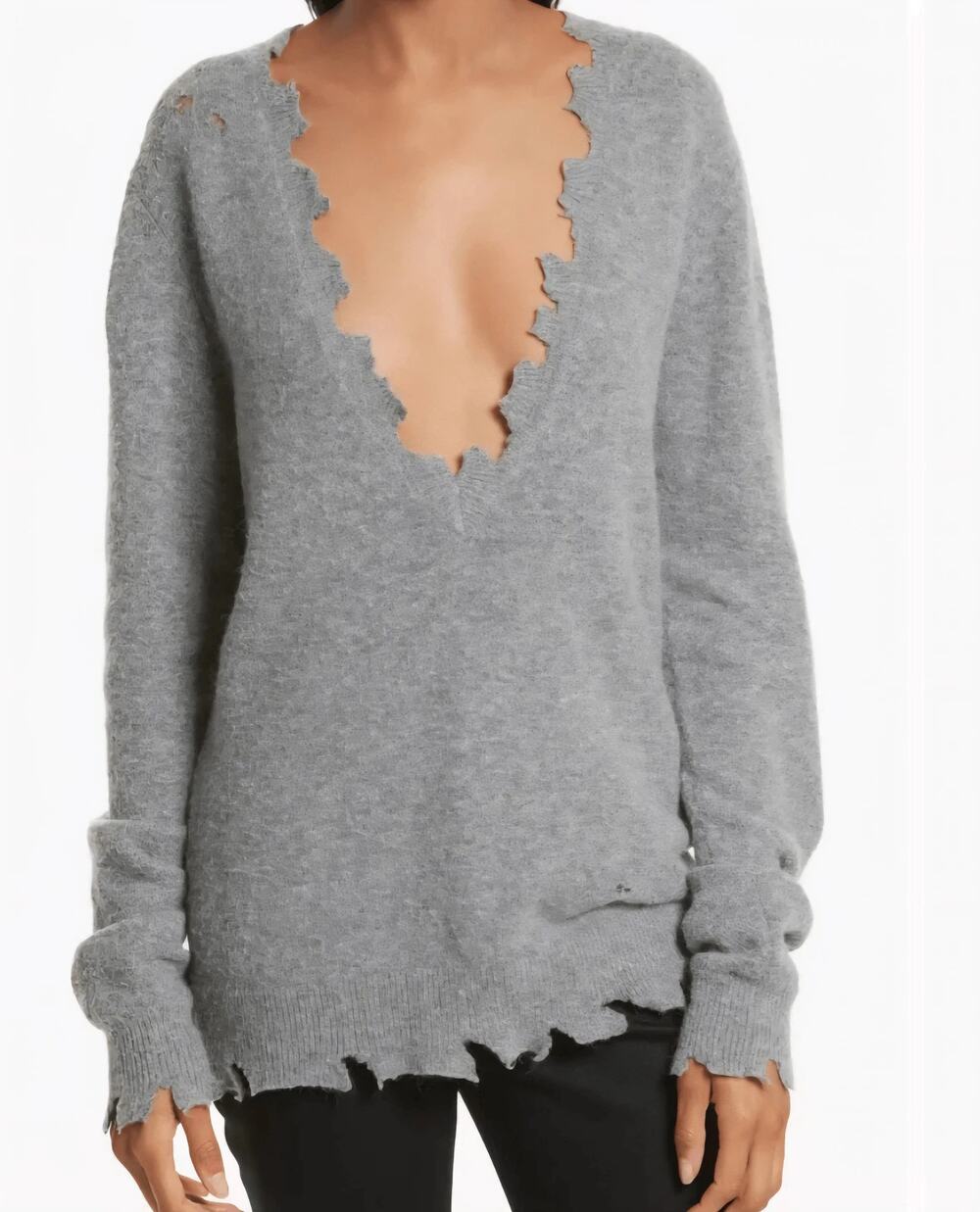 IRO Jeans Brody Knit Sweater Womens XS Gray Distressed Pullover V-Neck Relaxed